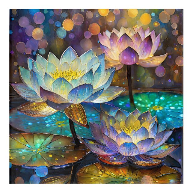 Glowing Lotus Flowers Trio Acrylic Print (Front)