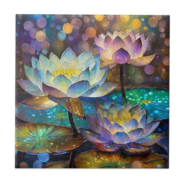 Glowing Lotus Flowers Trio Ceramic Tile (Front)