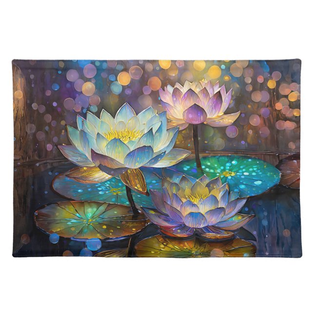 Glowing Lotus Flowers Trio Cloth Placemat (Front)