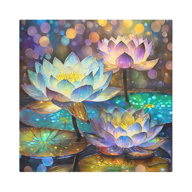 Glowing Lotus Flowers Trio Metal Print (Front)