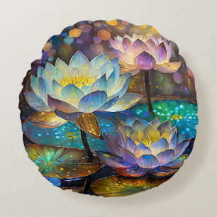Glowing Lotus Flowers Trio Round Pillow