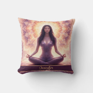 Glowing Mandala Meditation Woman Custom Name Throw Pillow