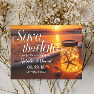Glowing Mason Jar Sunset Beach Save the Date Announcement Postcard