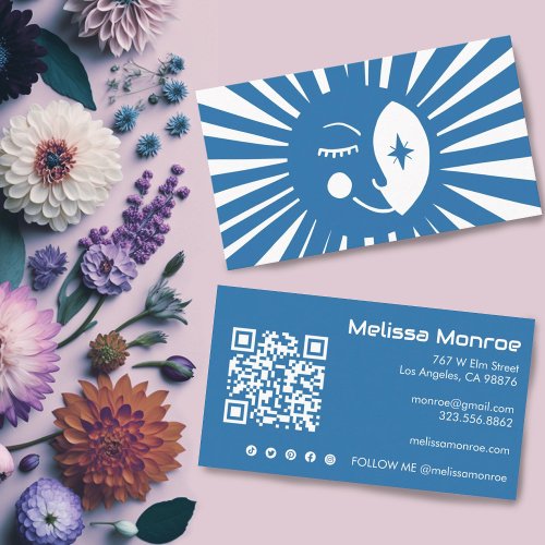 Glowing Moon Cute and Charming Colorful Blue QR  Business Card