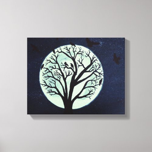 Glowing Moonlight with Old Tree and Crows Canvas Print