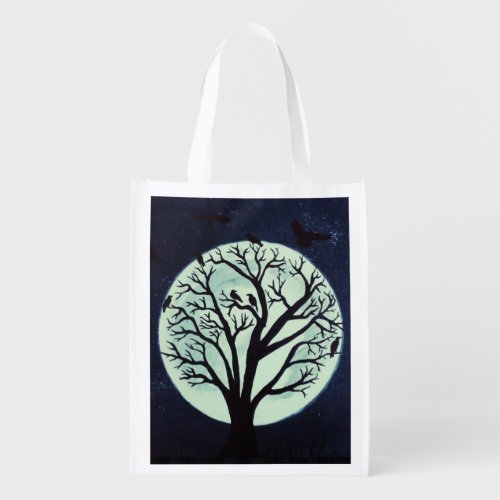 Glowing Moonlight with Old Tree and Crows Reusable Grocery Bag