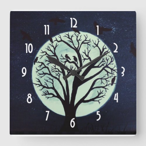 Glowing Moonlight with Old Tree and Crows Square Wall Clock