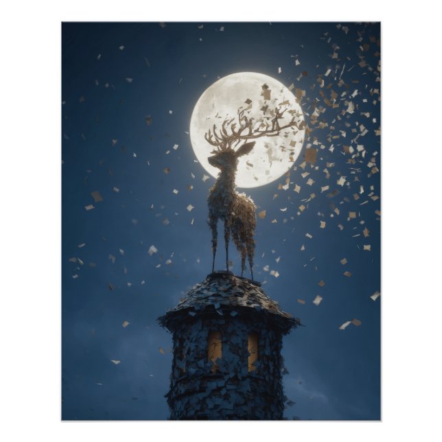 Glowing Moonlit Stag on Tower Peak Poster (Front)