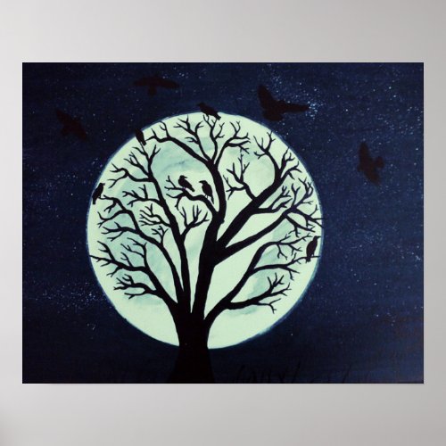 Glowing Moonlit Tree with Crows Poster