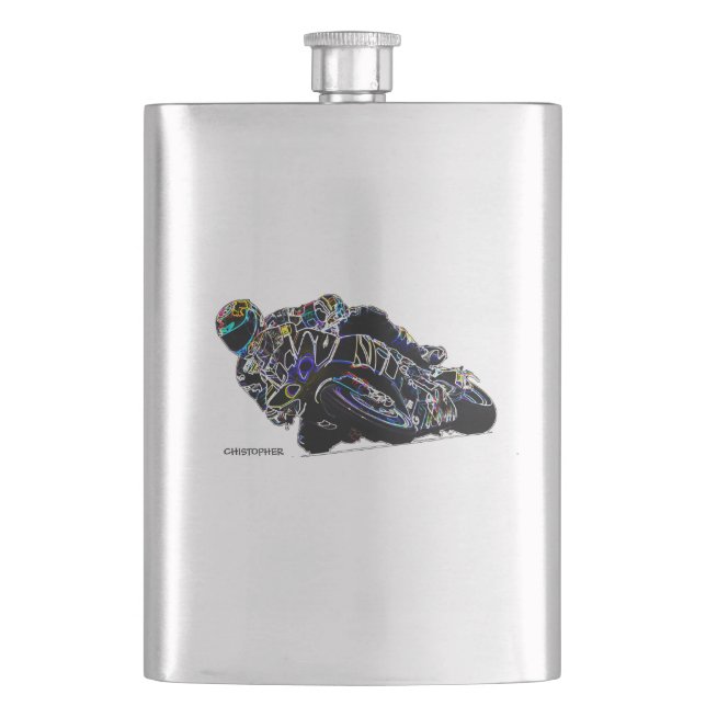 Glowing Motorcycle Rider Circle Racing Sketch Flask (Front)