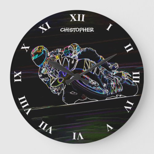 Glowing Motorcycle Rider Circle Racing Sketch Large Clock