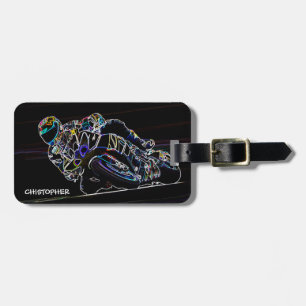 Glowing Motorcycle Rider Circle Racing Sketch Luggage Tag