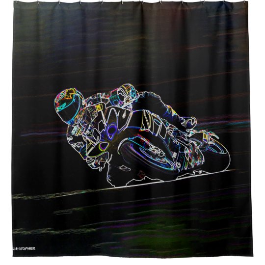 glowing motorcycle rider circle racing sketch shower curtain