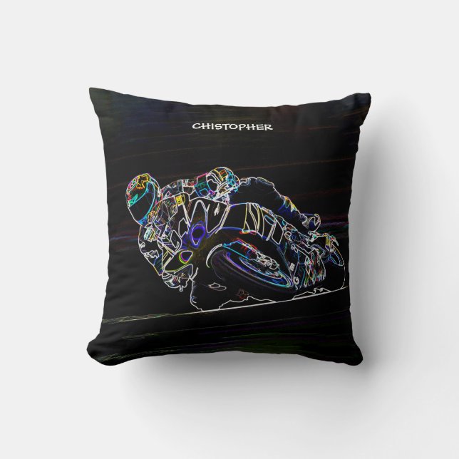 Glowing Motorcycle Rider Circle Racing Sketch Throw Pillow (Front)
