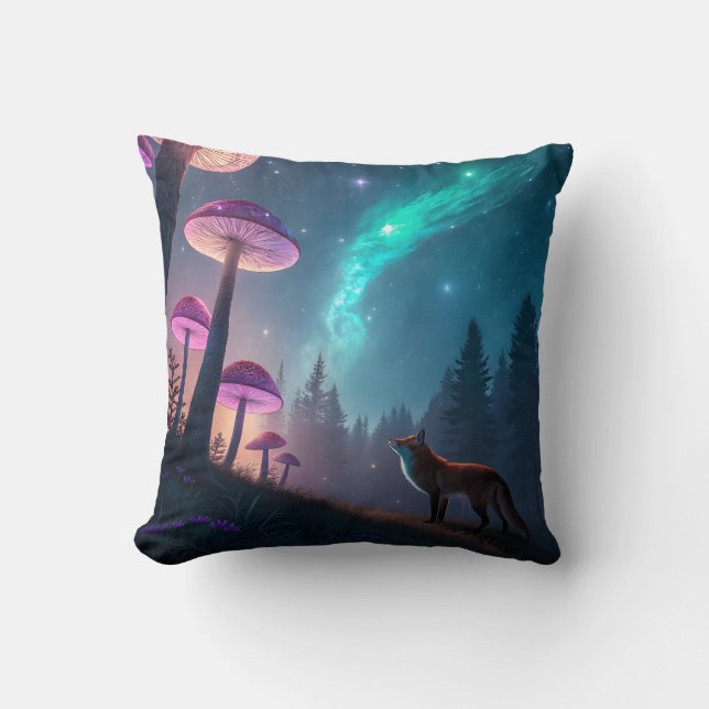 Glowing Mushroom Forest Fox Fantasy Art Throw Pillow (Front)