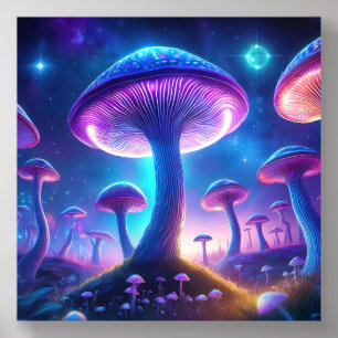 Glowing Mushrooms in Enchanted Cosmic Forest Acrylic Photo Tile