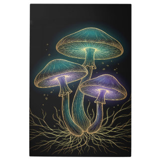 GLOWING MUSHROOMS WITH ROOTS METAL PRINT