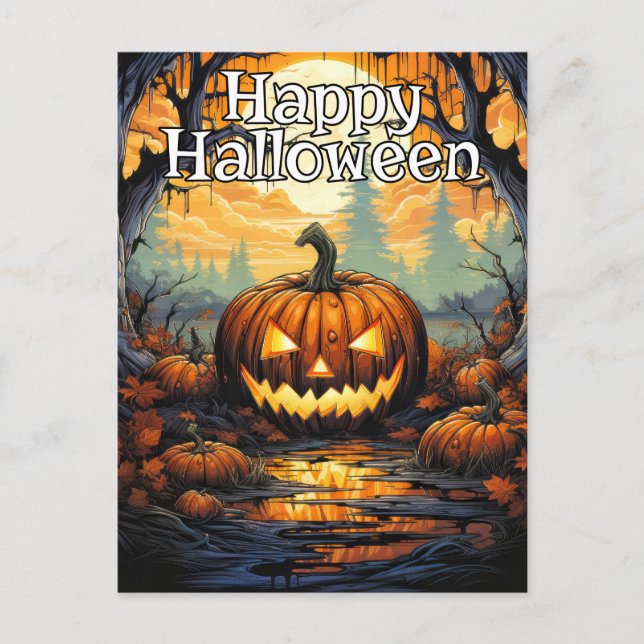 Glowing Nefarious Happy Halloween Pumpkin Postcard (Front)