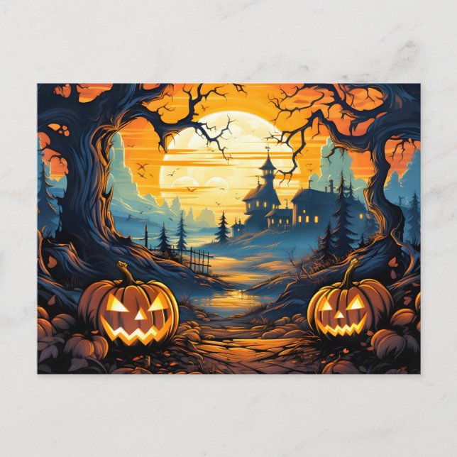 Glowing Nefarious Happy Halloween Pumpkins Postcard (Front)