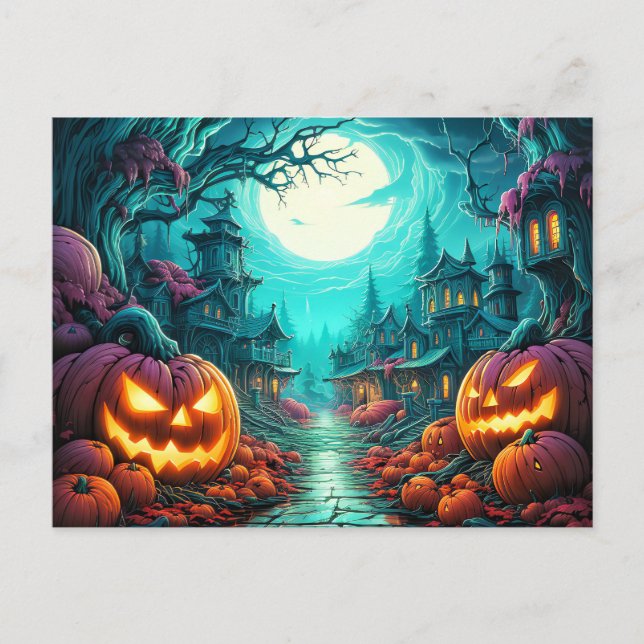 Glowing Nefarious Happy Halloween Pumpkins Postcard (Front)