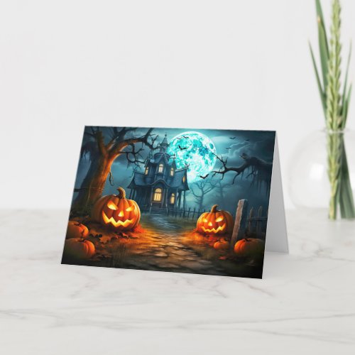 Glowing Nefarious Pumpkins Under A Full Moon Card