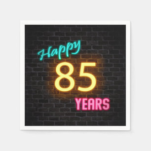 glowing neon 85 sign on brick wall napkins