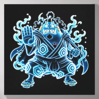 Glowing Neon Blue Fishman Martial Arts Anime Canvas Photo Tile