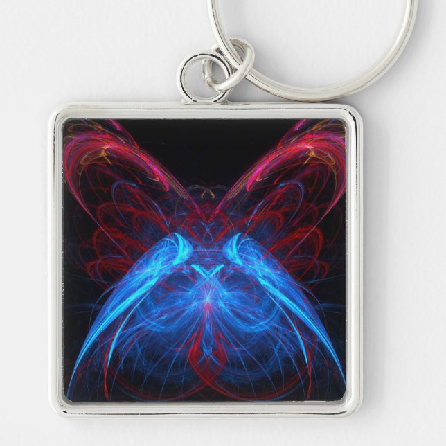 Glowing Neon Butterfly Flame Fractal Abstract Art Keychain (Front)
