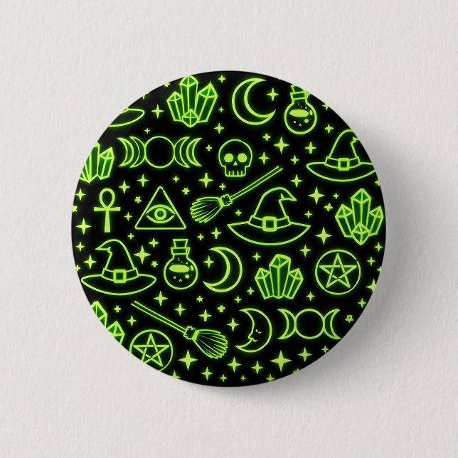 Glowing Neon Green Gothic Witchcraft Pinback Butto Button (Front)