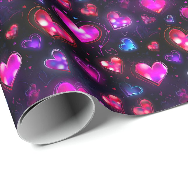 Glowing Neon Hearts Love Design Black Wrapping Paper (Roll Corner)