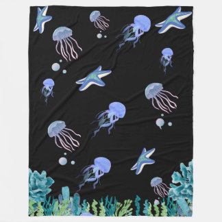 Glowing Neon Jellyfish & Starfish Underwater World Fleece Blanket