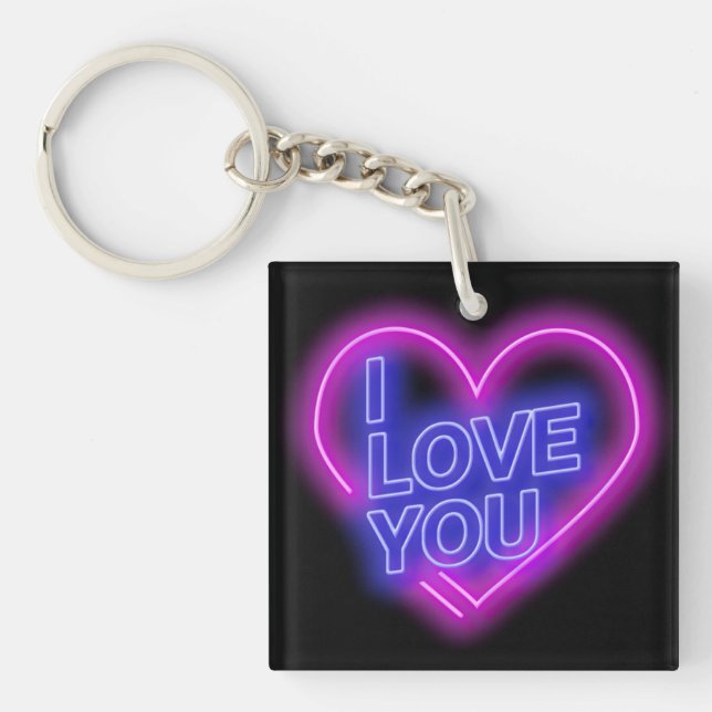 Glowing Neon Look Pink Blue Valentine Heart Square Keychain (Front)
