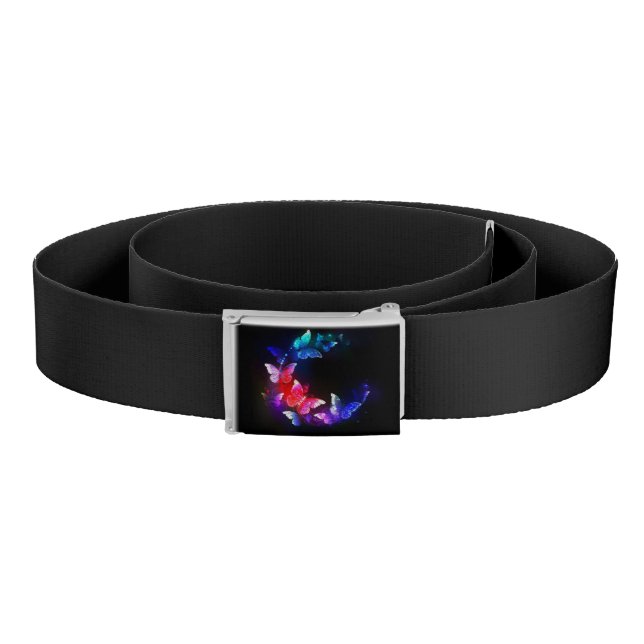 Glowing Neon Night Butterflies on Black background Belt (Coil)