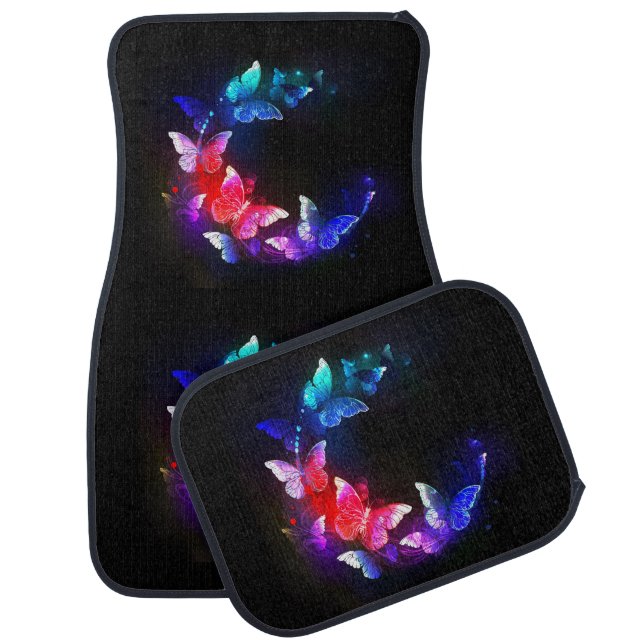 Glowing Neon Night Butterflies on Black background Car Floor Mat (Set)