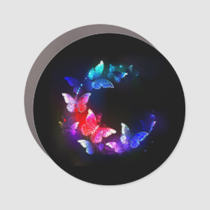 Glowing Neon Night Butterflies on Black background Car Magnet