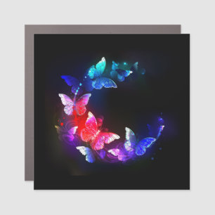 Glowing Neon Night Butterflies on Black background Car Magnet
