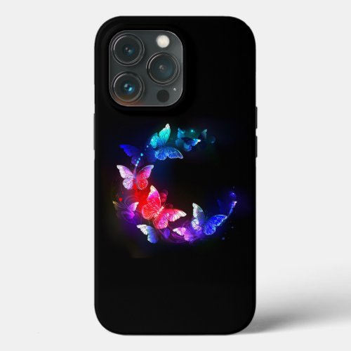 Glowing Neon Night Butterflies on Black background iPhone 13 Pro Case