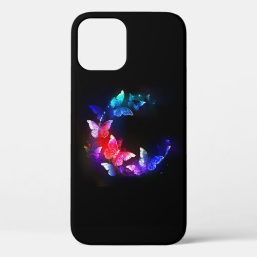 Glowing Neon Night Butterflies on Black background iPhone 12 Case