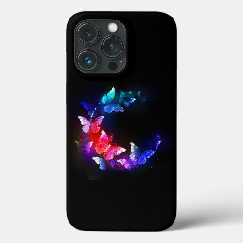 Glowing Neon Night Butterflies on Black background iPhone 13 Pro Case