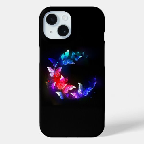 Glowing Neon Night Butterflies on Black background iPhone 15 Case