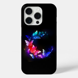 Glowing Neon Night Butterflies on Black background iPhone 15 Pro Case