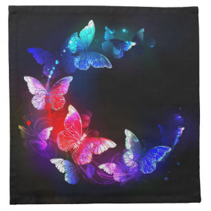 Glowing Neon Night Butterflies on Black background Cloth Napkin