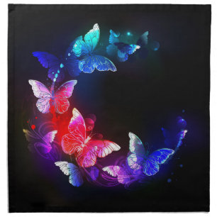 Glowing Neon Night Butterflies on Black background Cloth Napkin