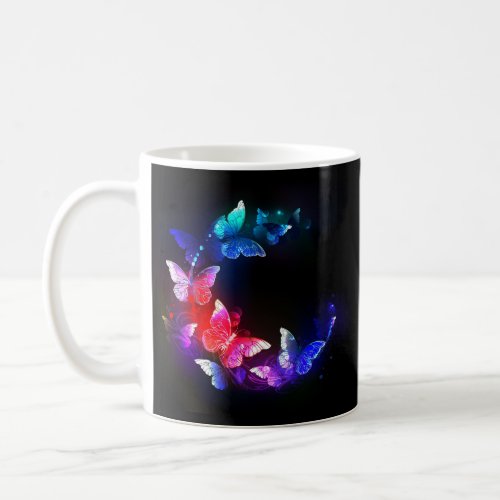 Glowing Neon Night Butterflies on Black background Coffee Mug