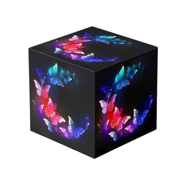 Glowing Neon Night Butterflies on Black background Cube (Front Angled)