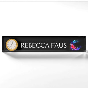 Glowing Neon Night Butterflies on Black background Desk Name Plate