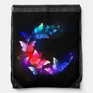 Glowing Neon Night Butterflies on Black background Drawstring Bag