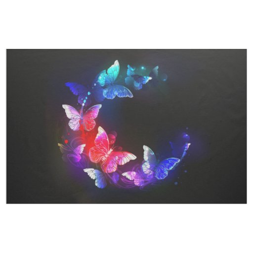 Glowing Neon Night Butterflies on Black background Fabric