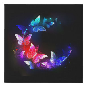 Glowing Neon Night Butterflies on Black background Faux Canvas Print
