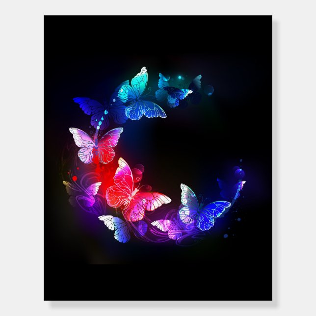 Glowing Neon Night Butterflies on Black background Foam Board (Front)